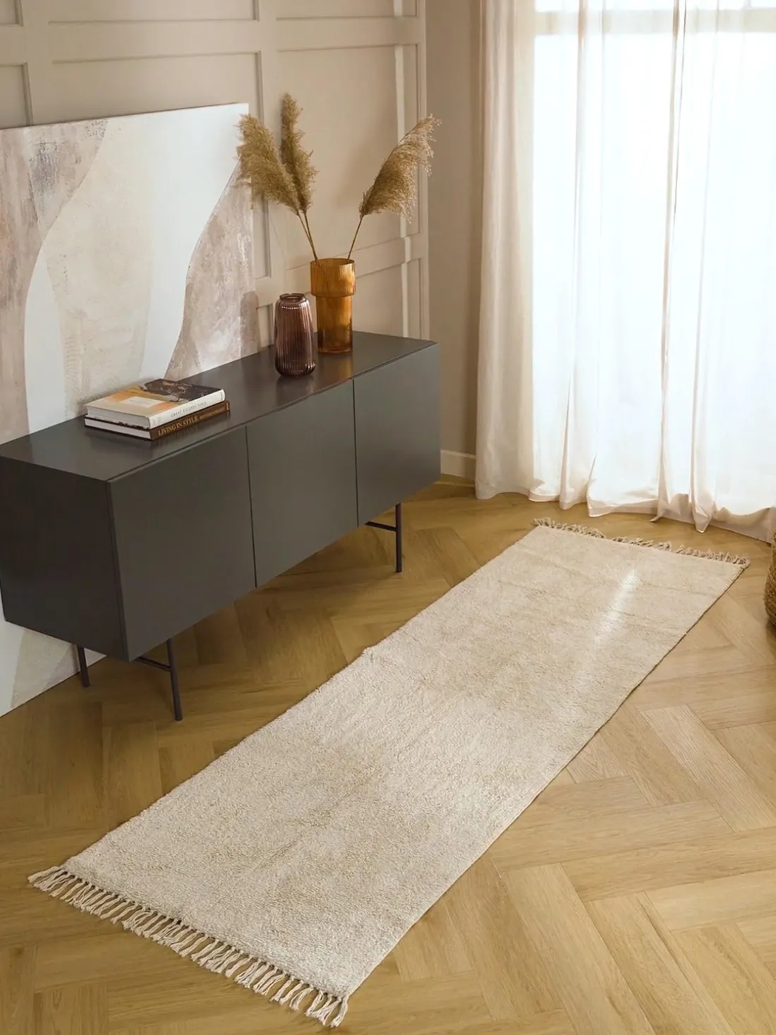 Alfombra corredor artesanal con flecos Daya