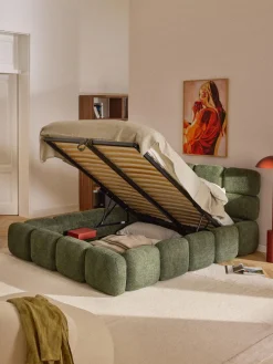 Cama tapizada de boreguillo bouclé con espacio de almacenamiento Tayla