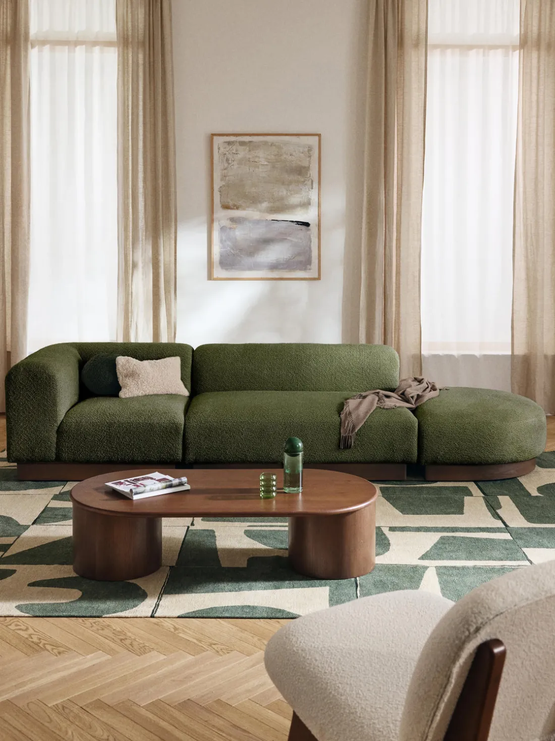 Diván modular de borreguillo bouclé con reposapiés Natalie