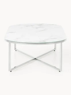 Mesa de centro ovalada con tablero de vidrio en look mármol Antigua