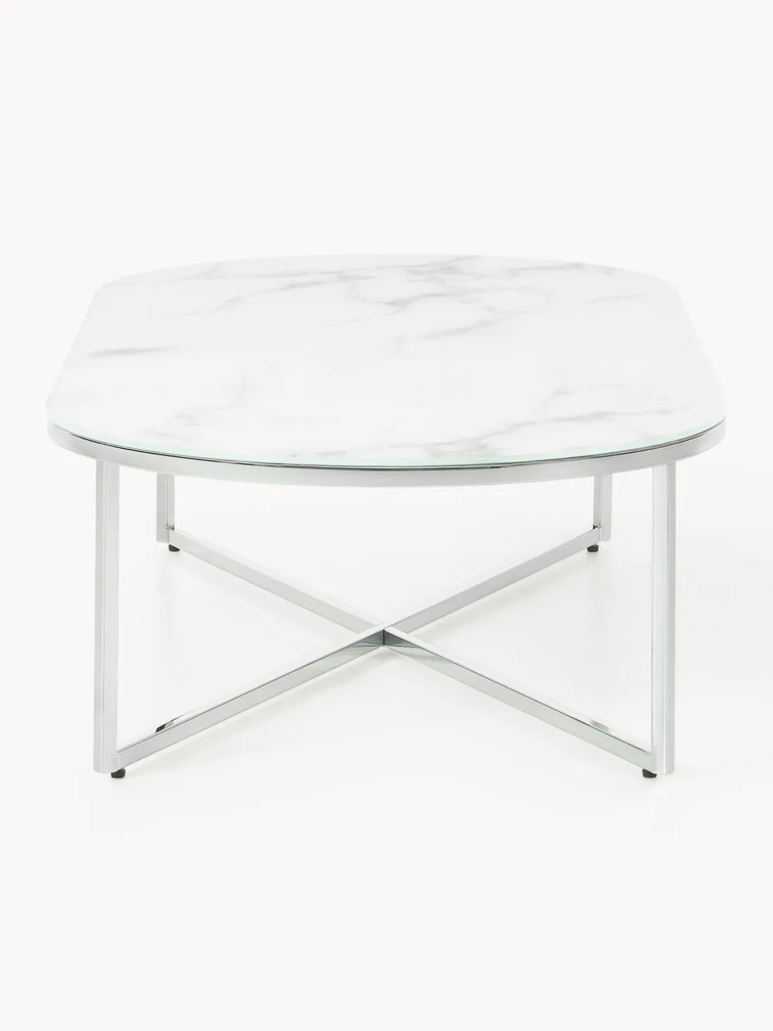 Mesa de centro ovalada con tablero de vidrio en look mármol Antigua