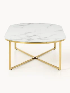 Mesa de centro ovalada con tablero de vidrio en look mármol Antigua