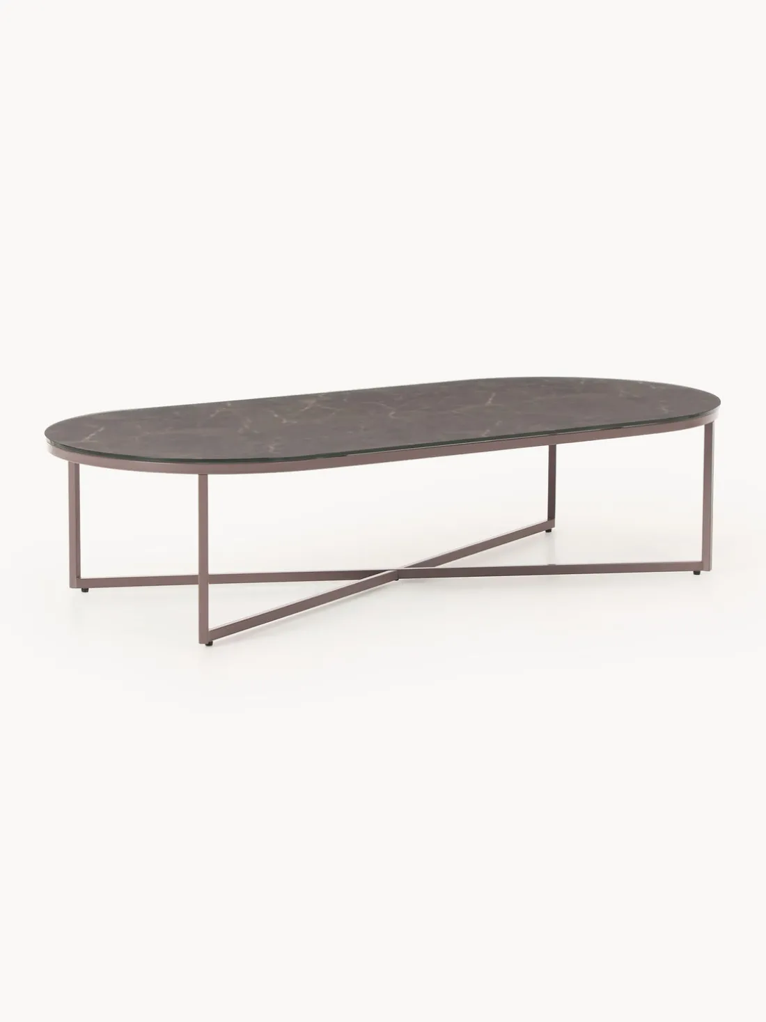 Mesa de centro ovalada con tablero de vidrio en look mármol Antigua