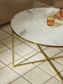 Mesa de centro redonda con tablero de vidrio en look mármol Antigua