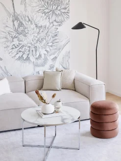 Mesa de centro redonda con tablero de vidrio en look mármol Antigua