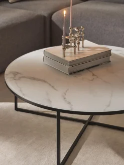 Mesa de centro redonda grande con tablero de vidrio en look mármol Antigua