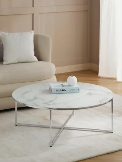 Mesa de centro redonda grande con tablero de vidrio en look mármol Antigua