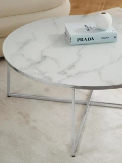 Mesa de centro redonda grande con tablero de vidrio en look mármol Antigua