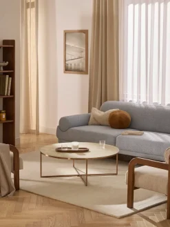 Mesa de centro redonda grande Antigua, tablero de vidrio en aspecto mármol