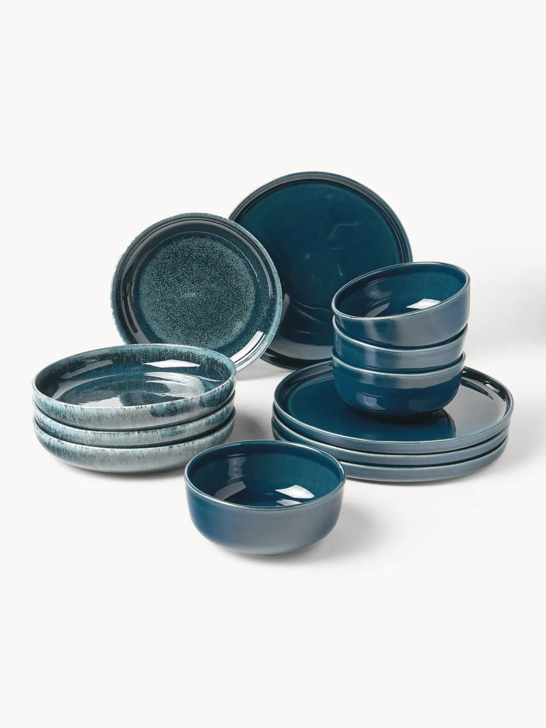 Vajilla artesanal con esmalte reactivo Ethel, 4 comensales (12 pzas.)